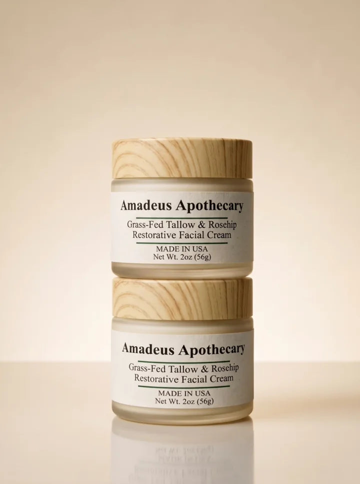 Two stacked jars of Amadeus Tallow and Rosehip Facial Cream
